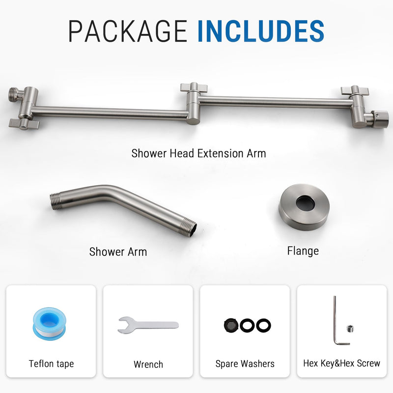 G-Promise 18 Inch Shower Extender with 6 Inch Shower Arm and Flange, Solid Brass Height & Angle Adjustable Extension Arm with Lock Joint, Compatible with Rainfall or Fixed Shower Head (Brushed Nickel) Brushed Nickel