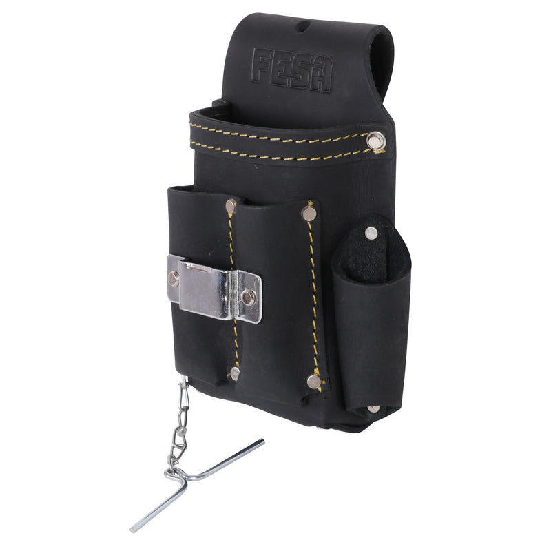 FESA Small Electrician's Tool Pouch - Leather 7-in-1 Small Tool Pouch with Steel Tape Measure or Drill Clip, Tape T-Chain & 5 Pockets - Clip On Any Belt - Handcrafted Black