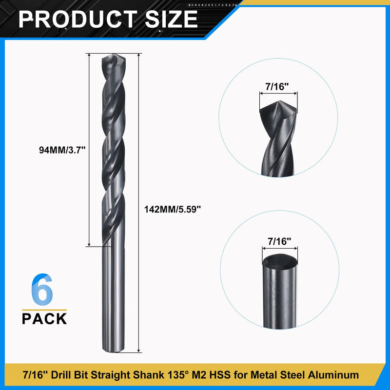 PATIKIL 7/16" Drill Bit, Jobber Straight Shank M2 High-Speed Steel 135° Nitriding Black for Stainless Steel Hard Metal - 6 Pack 7/16 inch
