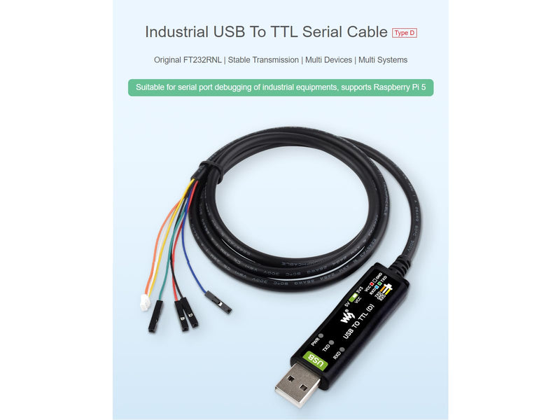 waveshare Industrial USB to TTL Serial Adapter Cable, USB to TTL (D) Converter Onboard FT232RNL Chip Suitable for Raspberry Pi 5 Serial Port Debugging,3.3V/5V Voltage Level Switching