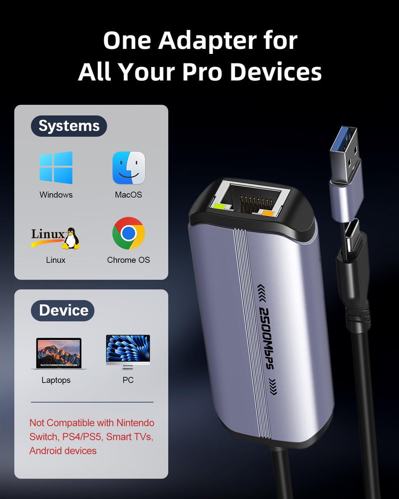 2.5Gb USB to Ethernet Adapter, USB-A/USB-C Ethernet Adapter for Laptop | 2500Mbps Speed | Plug and Play | USB 3.0 & USB-C to RJ45 | RTL8156B Chipset | NAS, MacBook, PC Compatible | Windows Mac Linux