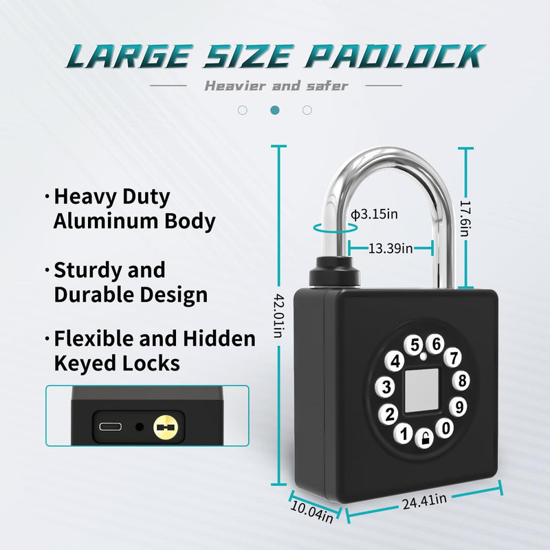 SFW Fingerprint Padlock with Key,Heavy Duty Combination Lock Locker,Water Resistance with Codes APP Access for Outdoor Fence Gate Pool Shed Gym Lock Storage