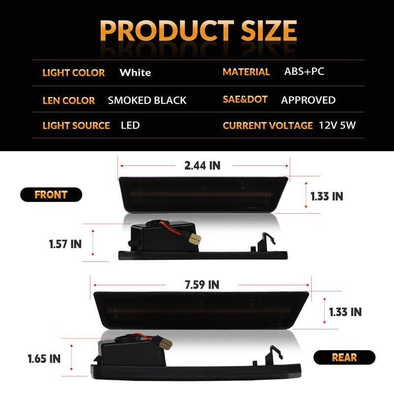 LED White Side Marker Lights Front Rear Bumper Signal Lamp Reflectors for 2008-2014 Dodge Challenger Smoked Len, 4PCS Front&Rear Bumper, 4PCS