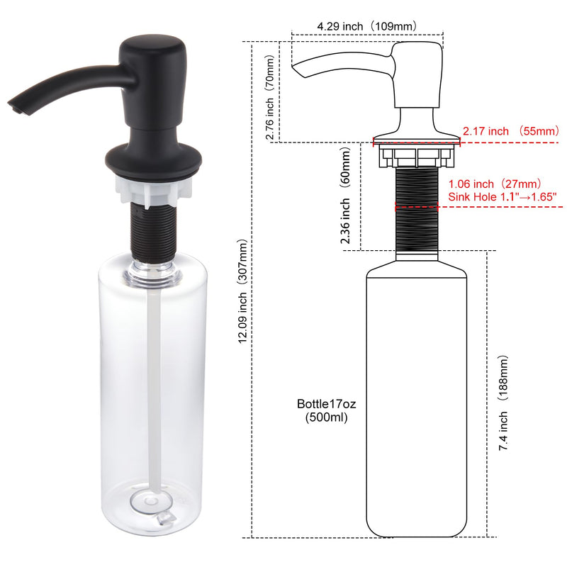 GAGALIFE Soap Dispenser for Kitchen Sink - 17 OZ Capacity Bottle Counter Mount, Matte Black Sink Soap Dispenser Pump, Built in Sink Soap Dispenser, Refill from Top