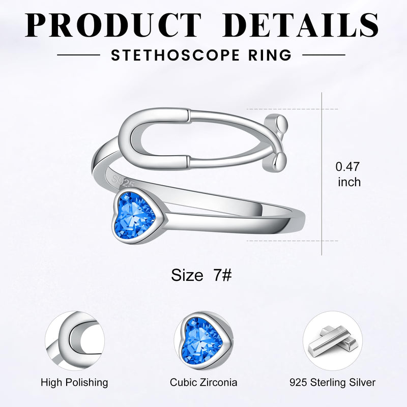 BEILIN Stethoscope Birthstone Rings for Women 925 Sterling Silver Adjustable Heartbeat Ring Nurse Doctor Jewelry Graduation Gifts for Medical Student September