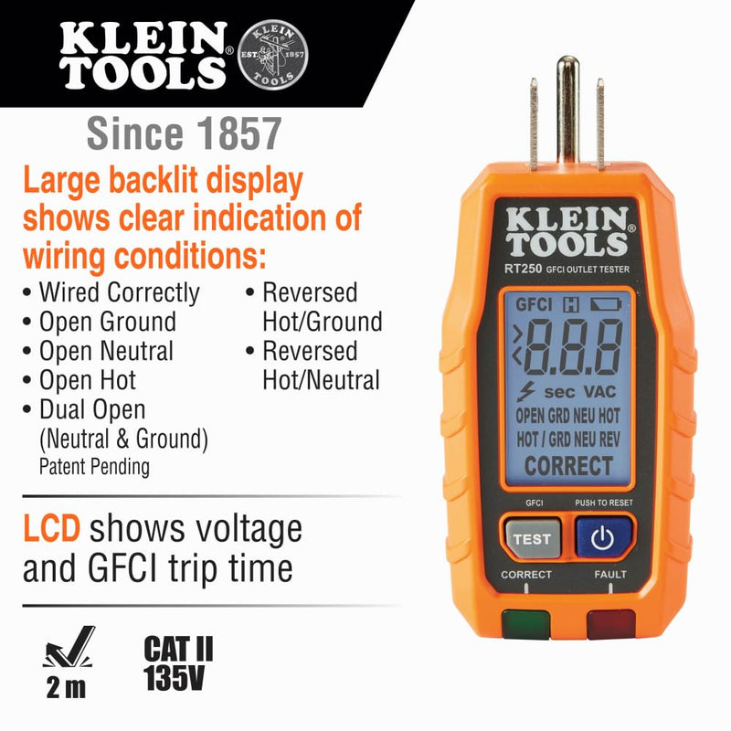 Klein Tools RT250 GFCI Outlet Tester with LCD Display, Electric Voltage Tester for Standard 3-Wire 120V Electrical Receptacles Receptacle Tester