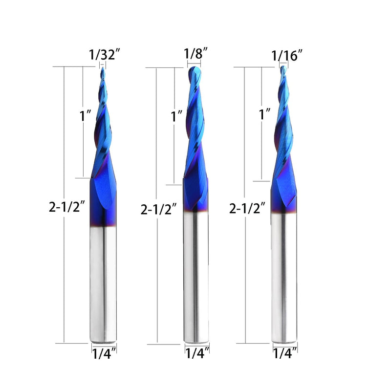 STQ624 Ballnose Upcut CNC Spiral Router Bit 1/4" Shank 2D & 3D Carving 3.6 6.2 5.4Deg Tapered End Mill 1/8 Cutting Dia 1/32 Cutting Dia 1/16 Cutting Dia 1/16D+1/8D+1/32DX2-1/2OL