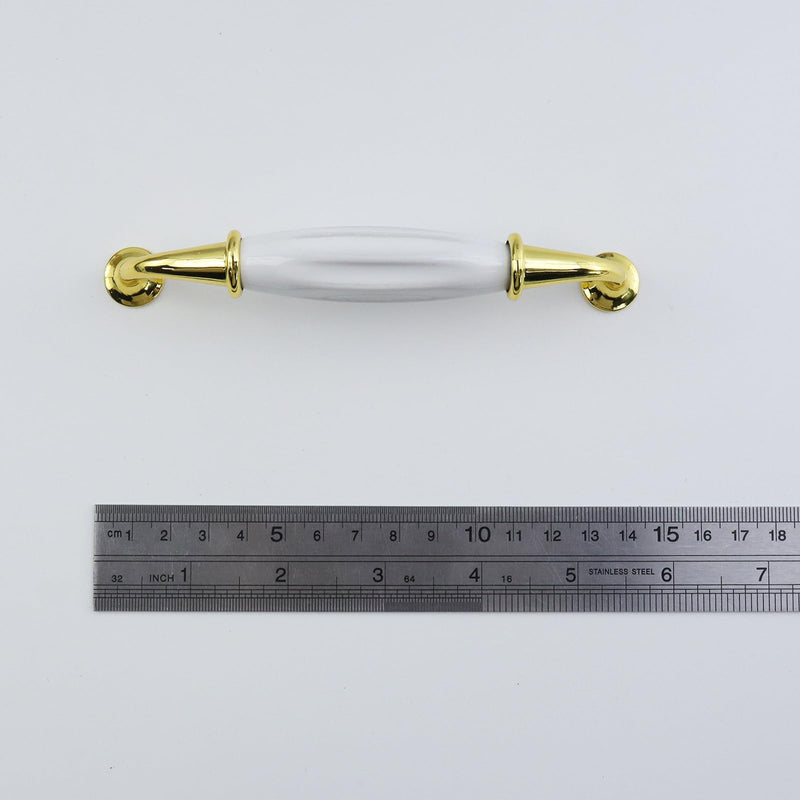 6Pcs Gold/White Ceramic Cabinet Pulls, Antique Bronze Furniture Hardware, 5 Inch(128mm) Hole Center Dresser Drawer Handles for Cottage Kitchen Bathroom Cupboard with Mounting Screws 5.1"/130mm Holes' Spacing Gold & White