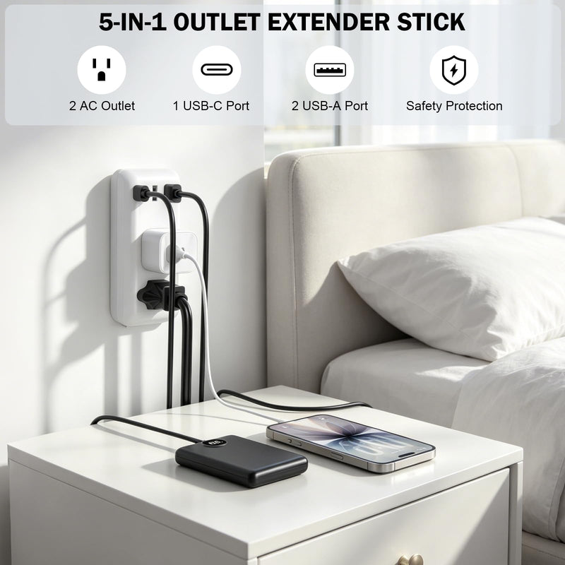 Extendable Electrical Outlet Extender Stick, 2 AC Outlets with USB-A & USB-C Ports, 22"-34" Adjustable Length, 180° Rotatable Wall Power Socket Expander for Nightstand, Sofa, Desk Hard-to-Reach Plugs