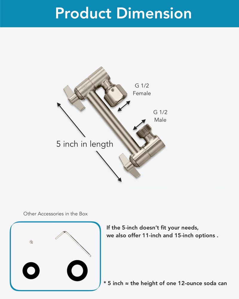 5 Inch Adjustable Shower Head Extension Arm With Locking Set Screw, Singing Rain 304 Stainless Steel Nickel Brushed Angle Height Adjustable, G1/2 Universal Connector Compatible (Nickel Brushed) 5 inch 2. Nickel Brushed