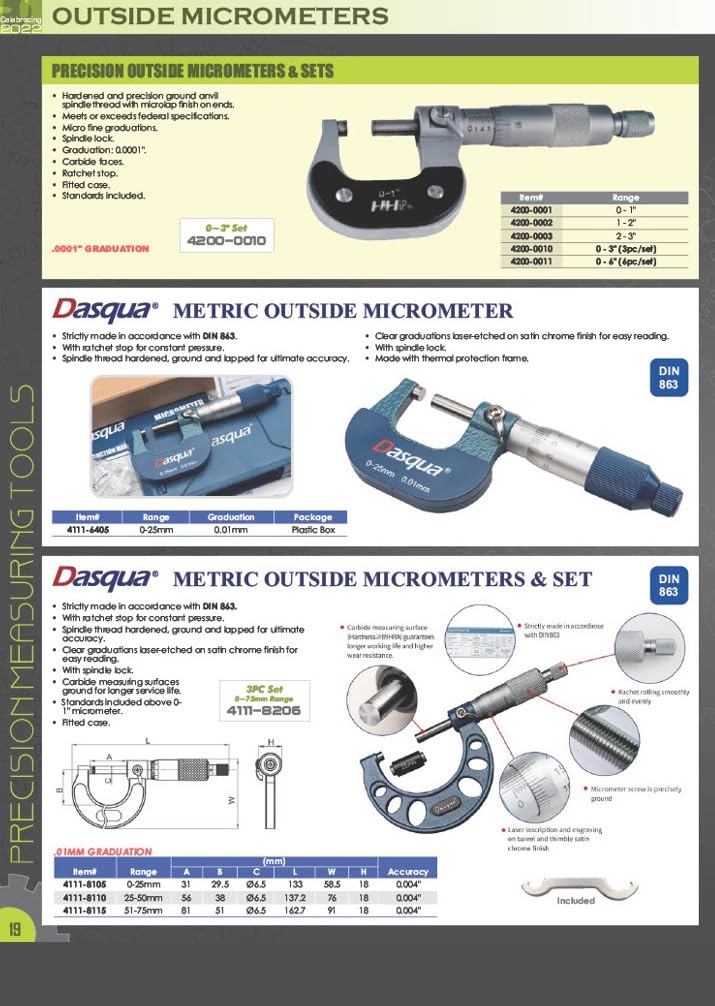 HHIP 4200-0152 C-Type Outside Micrometer, .0001" Graduation, 1-2" 1-2" Single