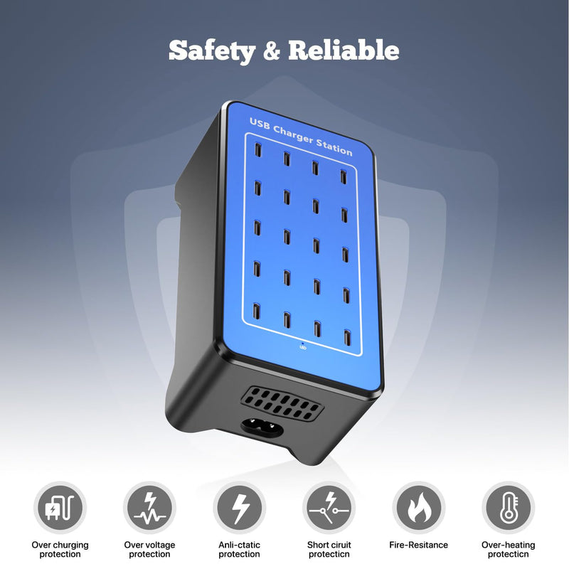 USB C Charging Station, USB C Charger Block for iPhone, Android, Smartphone, Tablet, Samsung, AirPods, and Smart Watch Multiple Devices, 20-Port 100W Multi Port Desktop Charger Blue-20 port