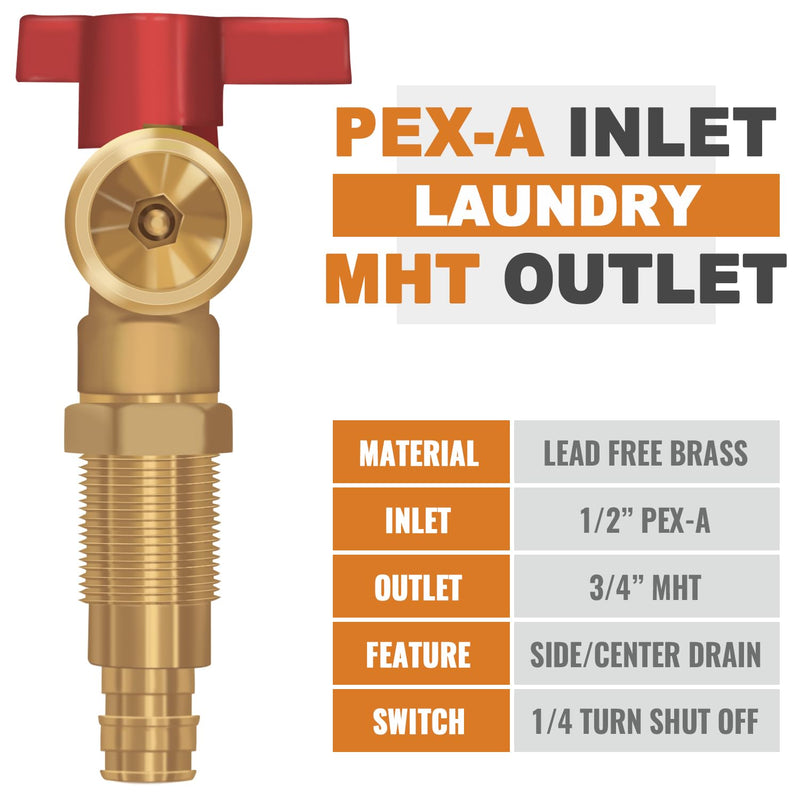 SUNGATOR Pex A Washer Box, 1/2 Inch Pex A Expansion Inlet x 3/4 Inch MHT Outlet, Washing Machine Laundry Outlet Box with Brass Valves Installed and 4 Expansion Rings