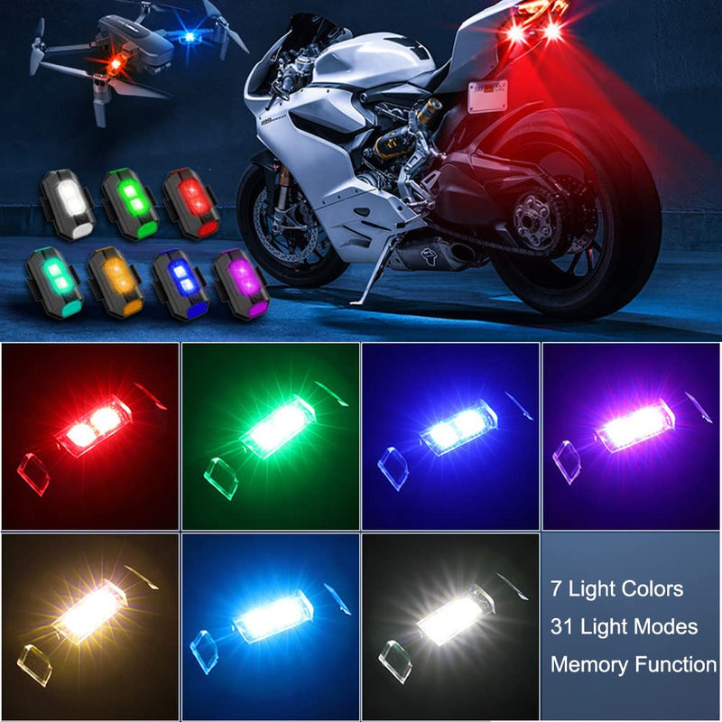 QVEVDACAR LED Strobe Drone Lights, 7 Colors Mini USB Rechargeable Lighting, Anti-Collision Tail Lights for Aircraft Flying, Motorcycles, Trucks, Cars, Bike (4-Pack)