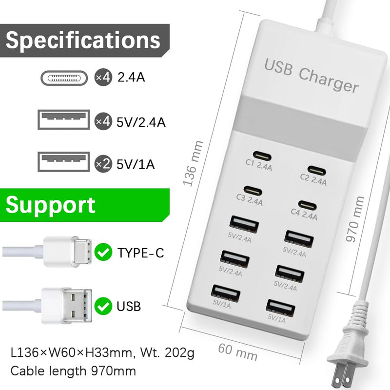 Multiple USB Charging Station for Multiple Devices USB Power Strip | 10 port USB charging block with 4 USB C and 6 USB A charging ports,USB Charging Hub for home office use White
