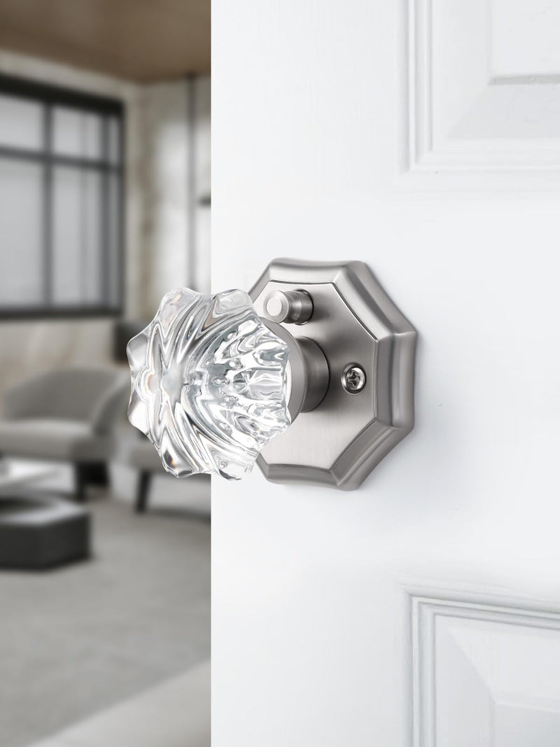1 Pack Glass Door Knobs Nickel Door Knob Interior Satin Nickel Privacy Brushed Nickel Glass Silver Door Knob for Bedroom and Bathroom Crystal Door Knobs 1