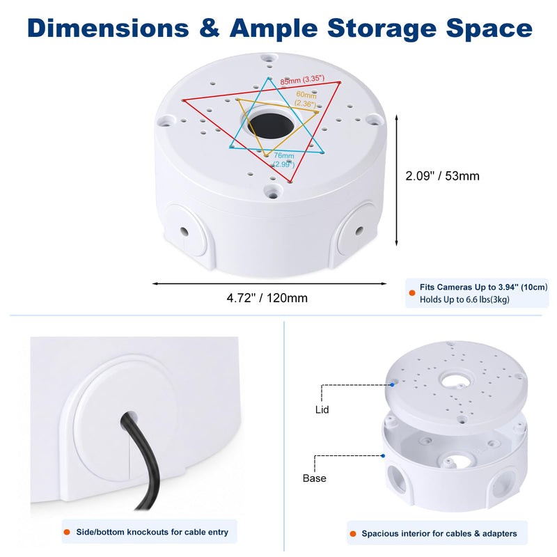 Universal Security Camera Junction Box Plastic, Cable Management Box 3-Pack | 4.72" Diameter 2.09" Deep, Wall Mount Hide Round Box for Outdoor Sheltered Dome/Turret/Bullet Cameras, DIY Drillable Design