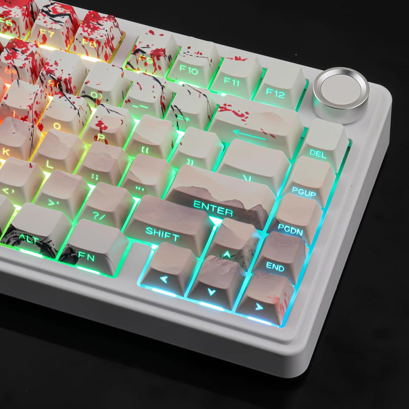 Tsungup Custom Japanese PBT Cool Keycaps, Key Caps Keyboard Keycap Set | Blossom Samurai Side Printed 131 Keys Cherry Profile for Cherry MX Switches Mechanical Keyboard