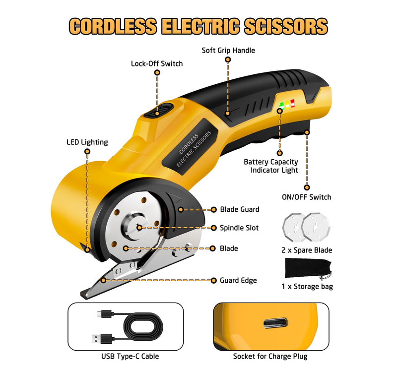 Cordless Electric Scissors,4V Rechargeable Cardboard Cutter Heavy Duty Scissor with Safety Lock & LED Light for Box Carpet Plastic Fabric(Yellow)