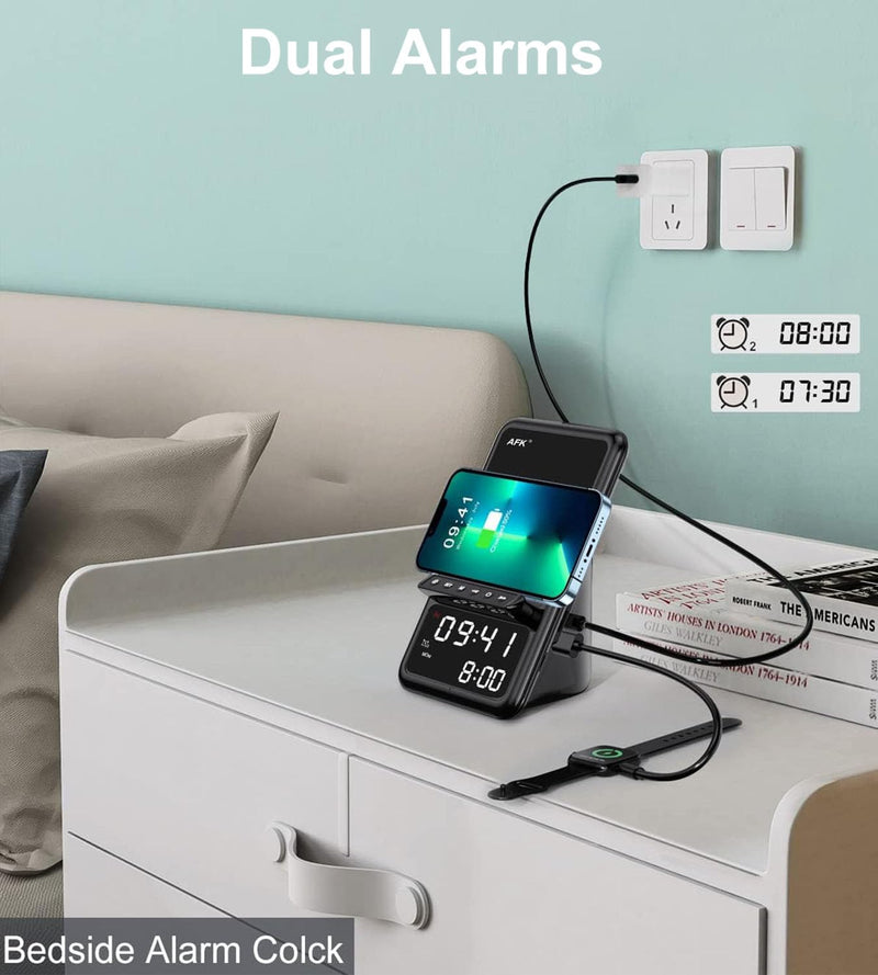 AFK Wireless Charging Station with Bluetooth Speaker and Alarm Clock,Wireless Charger Compatible with iPhone,Android Phones(Black) Black