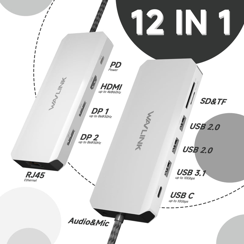 Docking Station Dual Monitor, WAVLINK Displayport Docking Station with Dual DP, HDMI, 100W PD in, 10Gbps USB A/C, 2.5G Ethernet Port for Dell/HP/Lenovo etc, Windows Systerm Computer Only