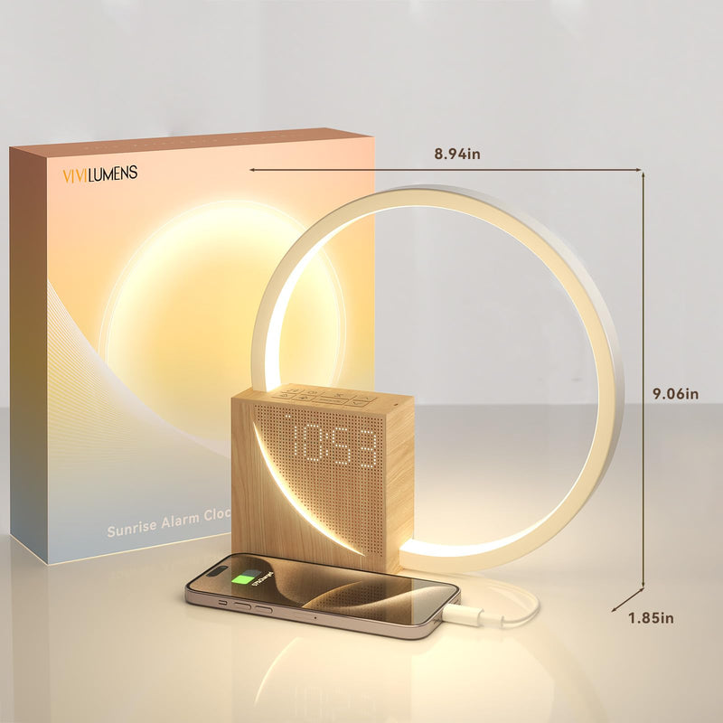 Vivilumens Sunrise Alarm Clock for Heavy Sleepers Adults, Wake-up Light, Sleep Aid 10 White Noise Sound Machines with 30/60/90 Timer, 3 Level Dimmable Touch Table Lamp with Snooze USB Charger Port Wood Grain