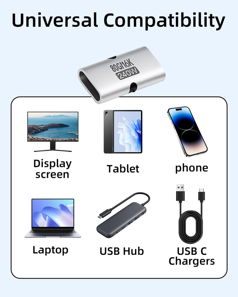 80Gbps USB C Female to Female Coupler Adapter 16K 240W | 80Gbps data & 16K video, 240W PD 3.1 fast charge, mini coupler aluminum design, universal for laptop phone, 5-pack