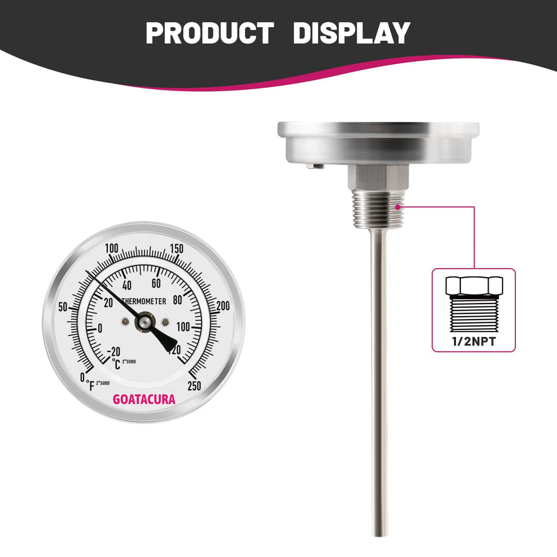 Bimetal Thermometer, Full Stainless Steel, 3" Dial Size, 6" Stem, 1/2" NPT Back Mount, 0-250 Deg F/-20-120 Deg C, 1% Accuracy L=6"
