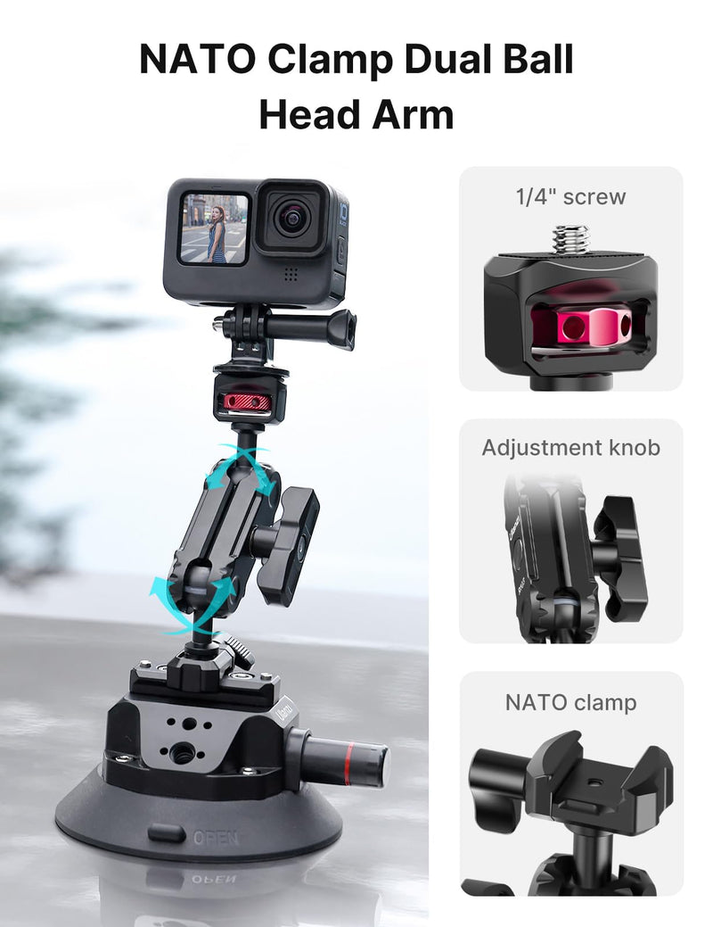 Camera Suction Cup Mount for Action Cameras - ULANZI SC-02 4.5in Pump-actived Vacuum Suction Mount w Quick Release NATO Magic Arm Car Boat Windshield Window Mount Compatible with Action Cameras