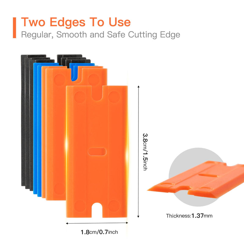 NEWISHTOOL Plastic Blades, Double Edged Plastic Blade, 300 PCS Replacement Blades Fit for Plastic Scraper and Safety Glass Scraper w/Standard Plastic Blades to Remove Label, Decals & Adhesive Residue Orange+black+blue