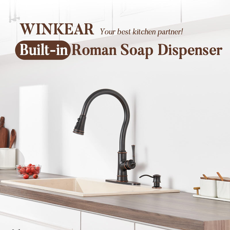 Built in Soap Dispenser for Kitchen Sink Countertop, Solid Brass Pump Head Long Spout with 10.2 Ounce PET Food Safe Material Lotion Bottle, Oil Rubber Bronze Finish Orb