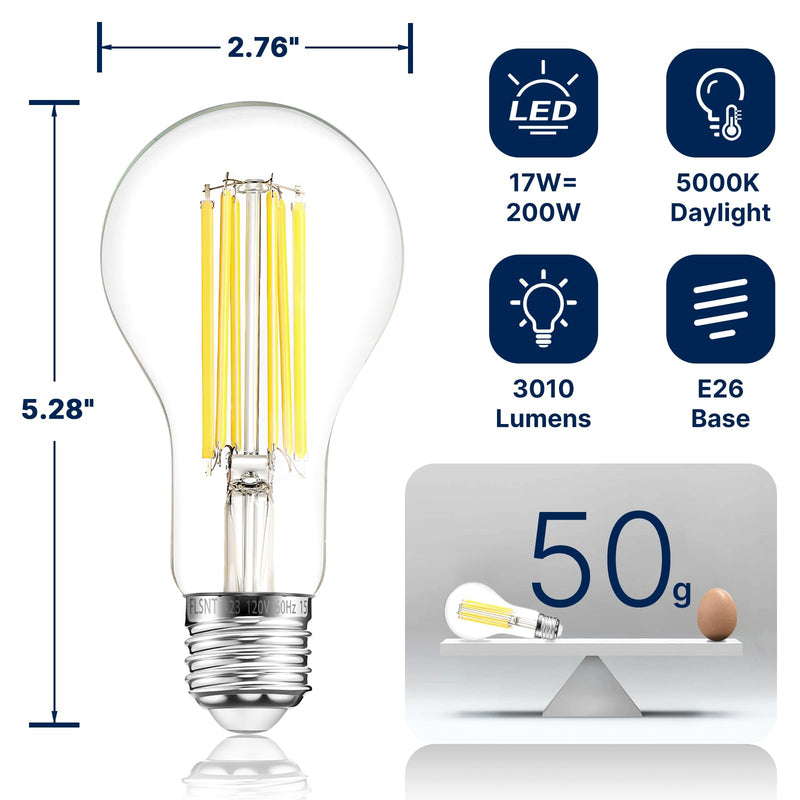 FLSNT 200W Equivalent A23 LED Light Bulbs, Efficient 17W, 3010Lumens, 5000K Daylight, CRI82, E26 Medium Base, Clear Glass, 4 Pack, Non-Dimmable 200w Daylight 4 Count (Pack of 1)