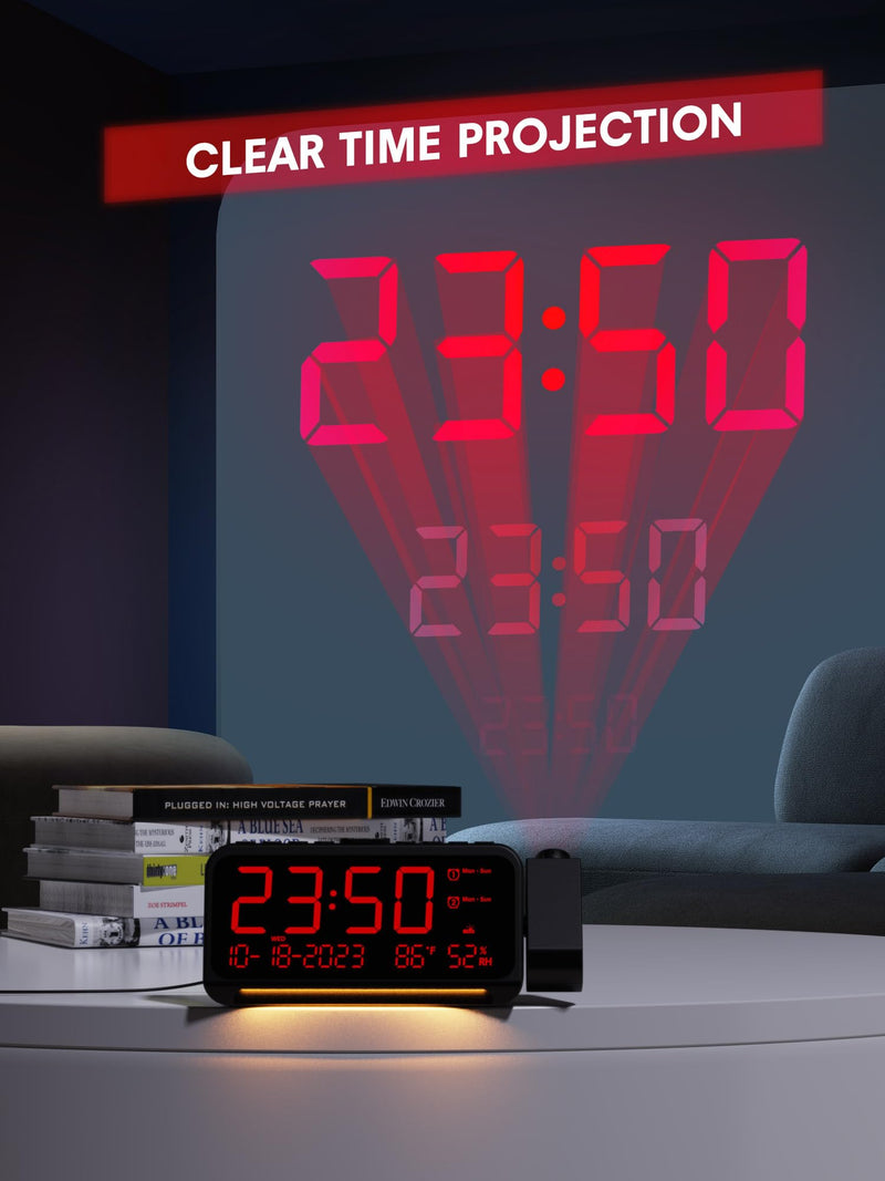 Projection Alarm Clock for Bedroom Ceiling, Digital Clock Projector with Weekday/Weekend Mode, Date, Temperature, Humidity, Type-C USB Charger, Night Light, Dual Alarms, DST, Dimmer,12/24H Red Digit+ Red Projection