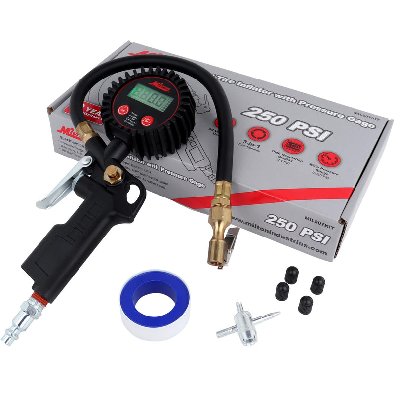 Milton 507KIT Digital Tire Inflator Car Accessories w/Accurate Air Tire Pressure Gauge, 14” Rubber Air Hose – 250 PSI, Brass Lock-On Clip Air Chuck and Compressor Accessories
