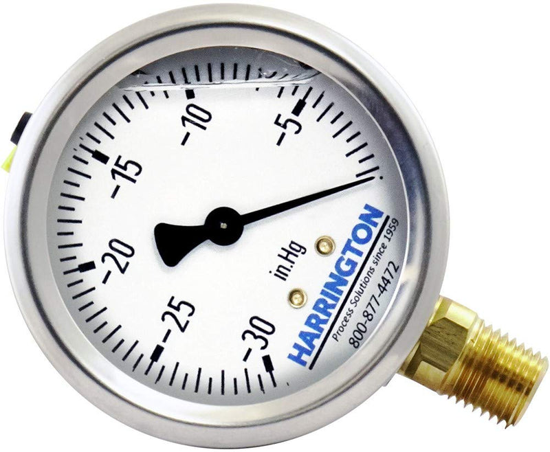 Harrington 52895686 2-1/2" Liquid Filled Vacuum Gauge -30 inHg/0 psi 304 Stainless Steel with Vented Fill Plug 1/4" NPT Bottom Mount Industrial Grade A +/- 2/1/2% Accuracy ASME B40.100 Model 213.53