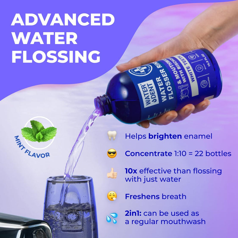 WATER DENT Water Flosser Rinse, Solution, Additive & Mouthwash for Teeth Whitening – Compatible with Waterpik & All Oral Irrigators, Concentrated, Gentle Peroxide, Alcohol Free, Mint, 16.9 fl oz 1