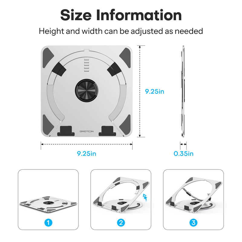 OMOTON Portable Laptop Stand for Desk, Ergonomic Computer Stand with 360° Rotating Base, 5-Level Adjustable Aluminum Foldable Mount, Compatible for 10-15.6" Laptops