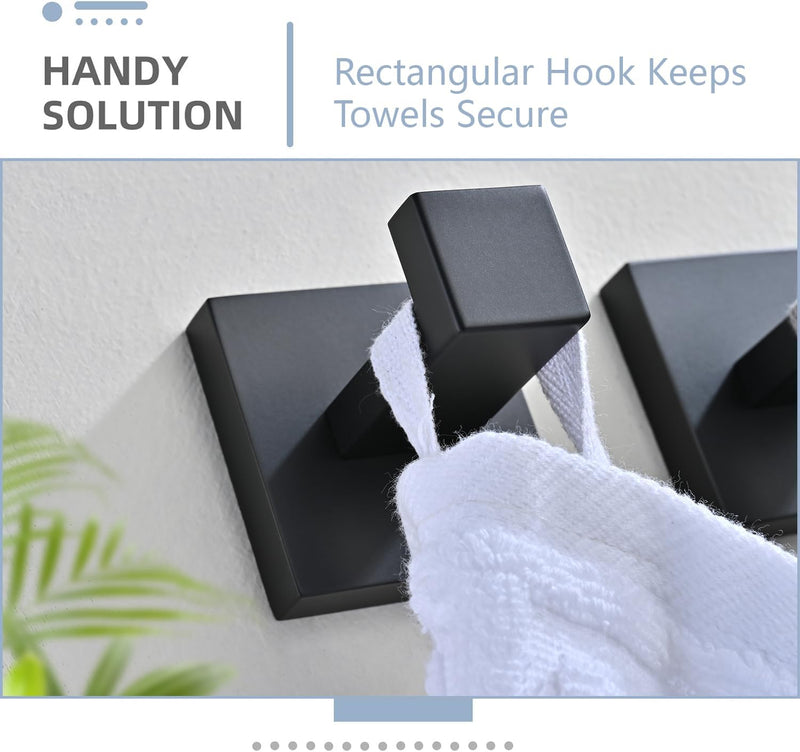 3PCS Bathroom Hardware Set, Matte Black Toilet Paper Holder, 2 Square Towel Robe Hooks, SUS 304 Stainless Steel, Wall Mounted, Modern, Rust‑Resistant (Black)