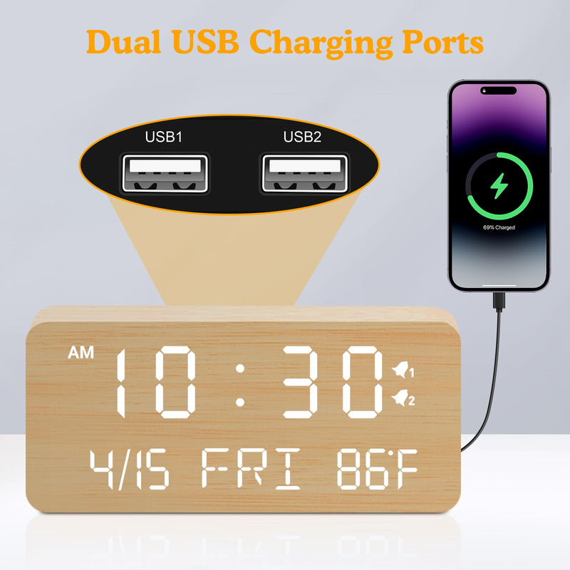 Andoolex Wooden Digital Alarm Clock with Wireless Charging, 0-100% Adjustable Brightness Dimmer and Alarm Volume, Weekday/Weekend Mode, Dual Alarm, Snooze, 12/24H, Wood LED Clock for Bedroom (Bamboo) Bamboo