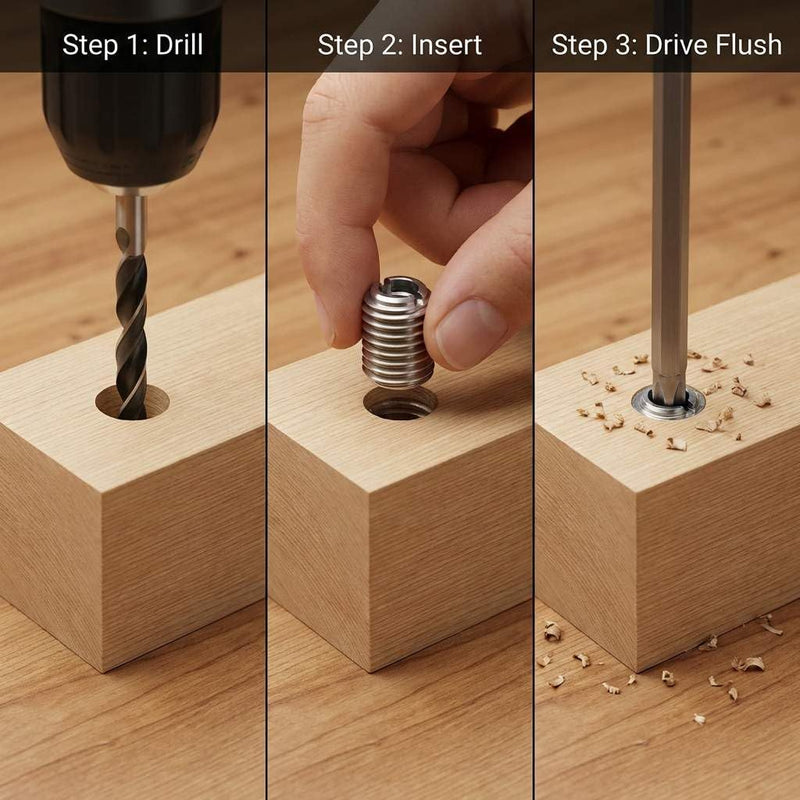 QWORK Stainless Steel Threaded Insert for Hard-Wood, 1/4-20 Internal Threads 50 Pack 5/8" Long Nut Inserts for Hardwoods, Softwoods, Plywood and Composites 1/4"-20