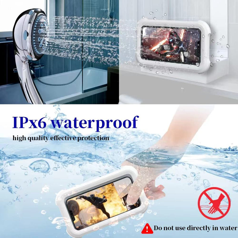 Upgraded 480° Rotating Shower Phone Holder Waterproof Case with Touch Screen,OOLYICO Shower Accessories Guardian Buddy Holder Wall Mount Shelf in Bathroom Bathtub for 4" - 7" Cell Phone White