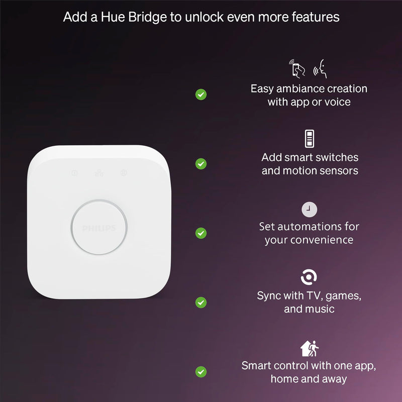 Philips Hue Essential Smart LED A19 Bulb 4-Pack, White and Color Ambiance, E26, 7.2W, 2200K-6500K, 800 Lumens, Dimmable LED Bulbs, Works with Alexa, Google Assistant, Apple Home 4 Pack