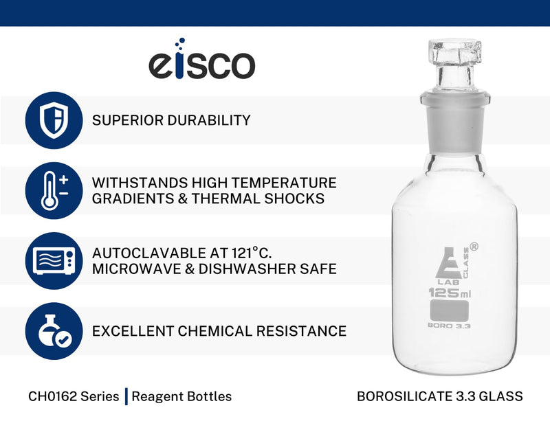 EISCO Reagent Bottle, Borosilicate Glass, Narrow Mouth with Interchangeable Hexagonal hollow glass Stopper - 1000ml Labs