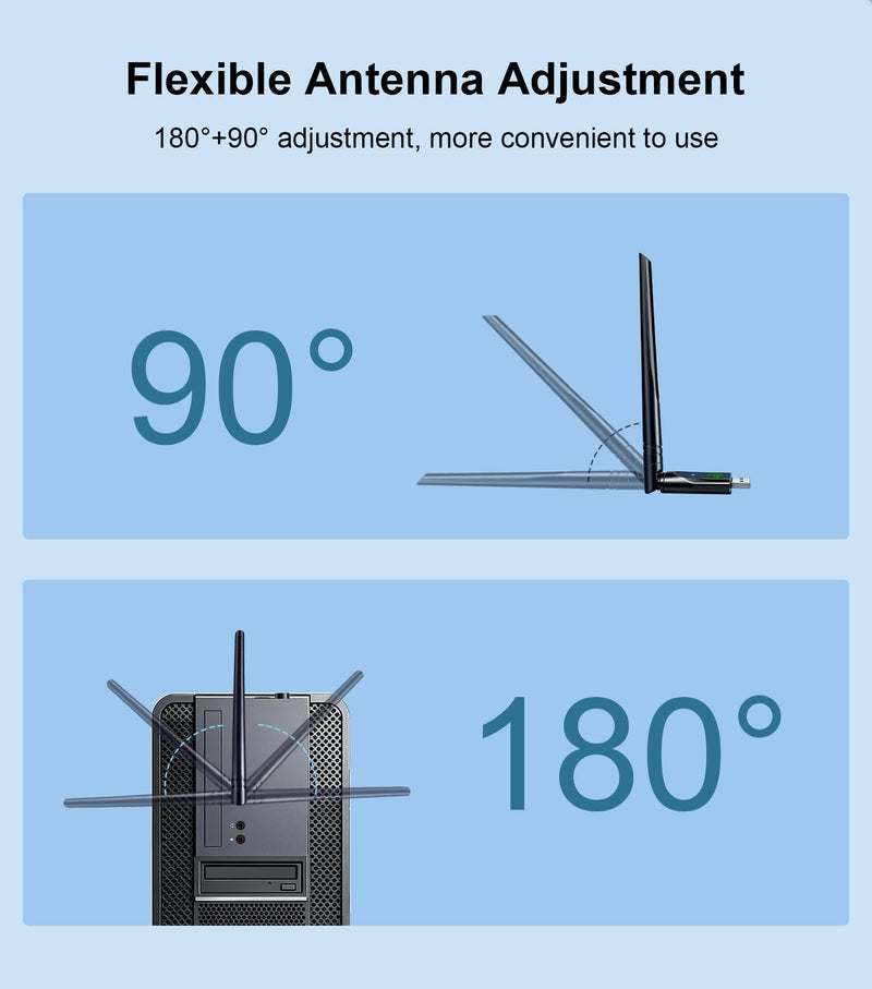 WiFi Adapter,USB WiFi 6 Adapter for Laptop PC,2-in-1 Bluetooth 5.3(EDR+BLE),900Mbps Dual Band (2.4GHz+5GHz), 5dBi High Gain Antenna,Plug-and-Play for PC/Laptop/Printers (Win 10/11)