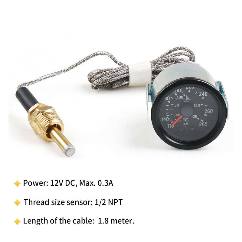 2" (5.2cm) Water Temperature Gauge Mechanical Water Temperature 12V Temperature Gauge Yellow Light Automotive Gauge with Sensor NPT1/2 Reading Range: 40-130℃ / 110-265℉