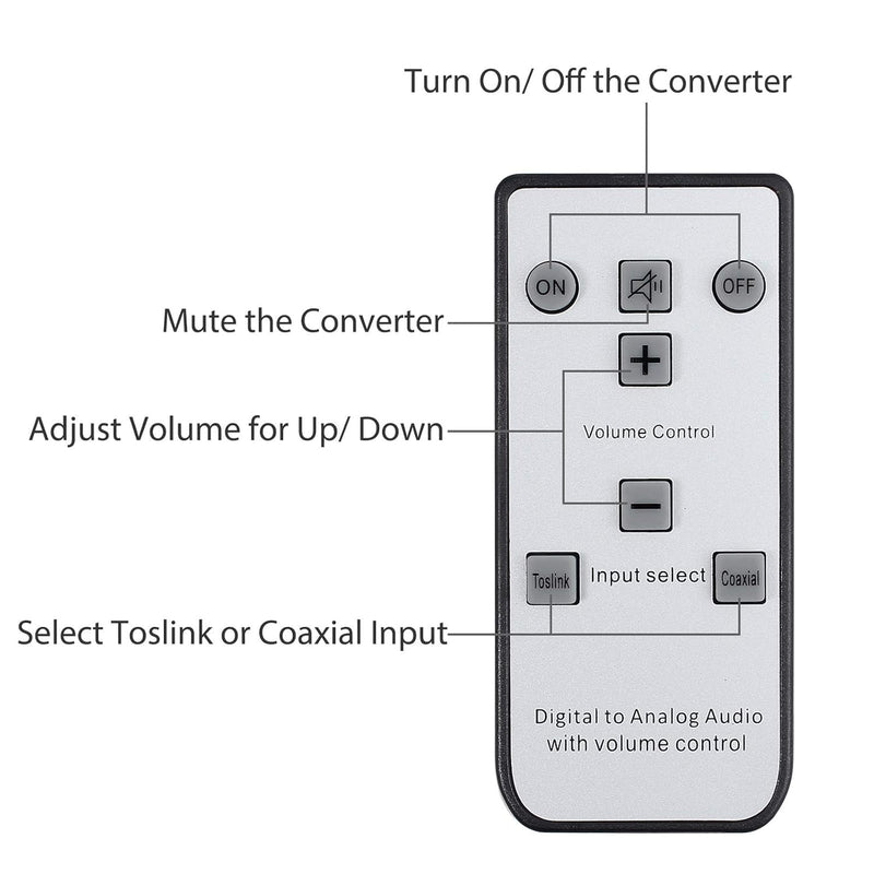 Neoteck 192kHz Digital to Analog Audio Converter with IR Remote Control, DAC Converter Digital Coaxial Toslink Optical to Analog Stereo L/R RCA 3.5mm Audio Adapter Support Volume Control/Mute/Power