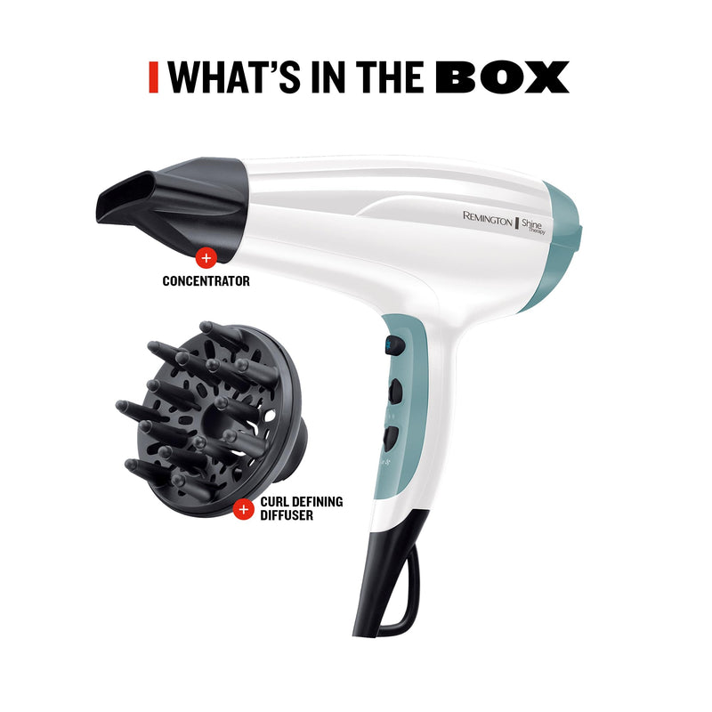 Remington Shine Therapy Hair Dryer (Ionic, 90% more Ions for Frizz Free Shine, Powerful, Fast Professional Drying, Diffuser, Concentrator, 3 Heat / 2 Speed Settings, Cool Shot, 2300W) D5216 | Powerful Fast Professional Drying, Includes Diffuser and Con...