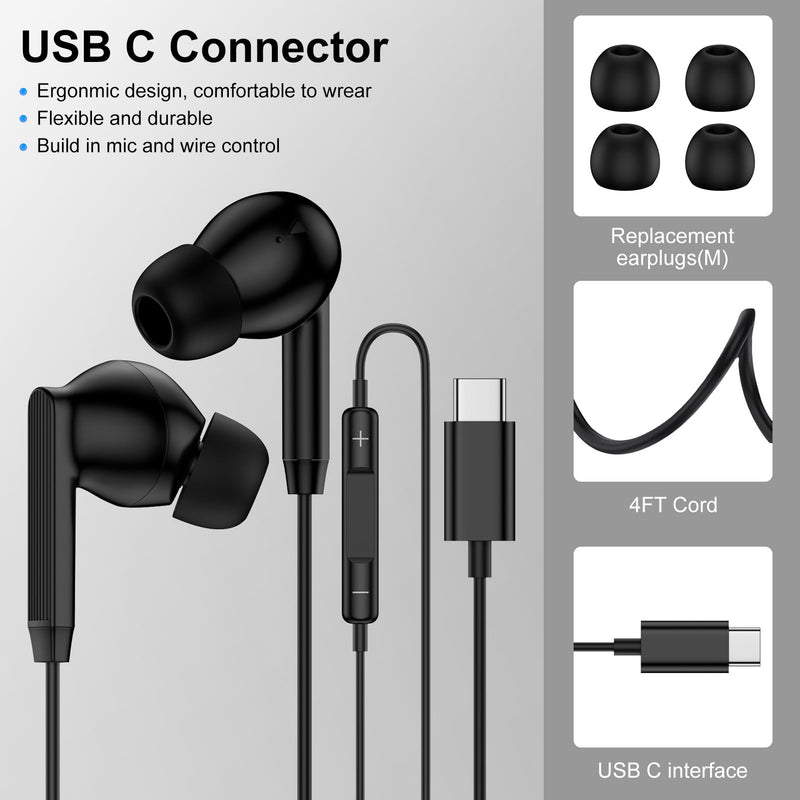 Samsung Wired Earbuds Ear Buds for Galaxy A17 A16 5G A06 A15 A57 A37 S26 | S26 Ultra S26 Plus S25 S24 S23 A56 A54 A36,USB C Headphones Earbuds in-Ear Type C Earphones Wired with Mic for iPhone Black