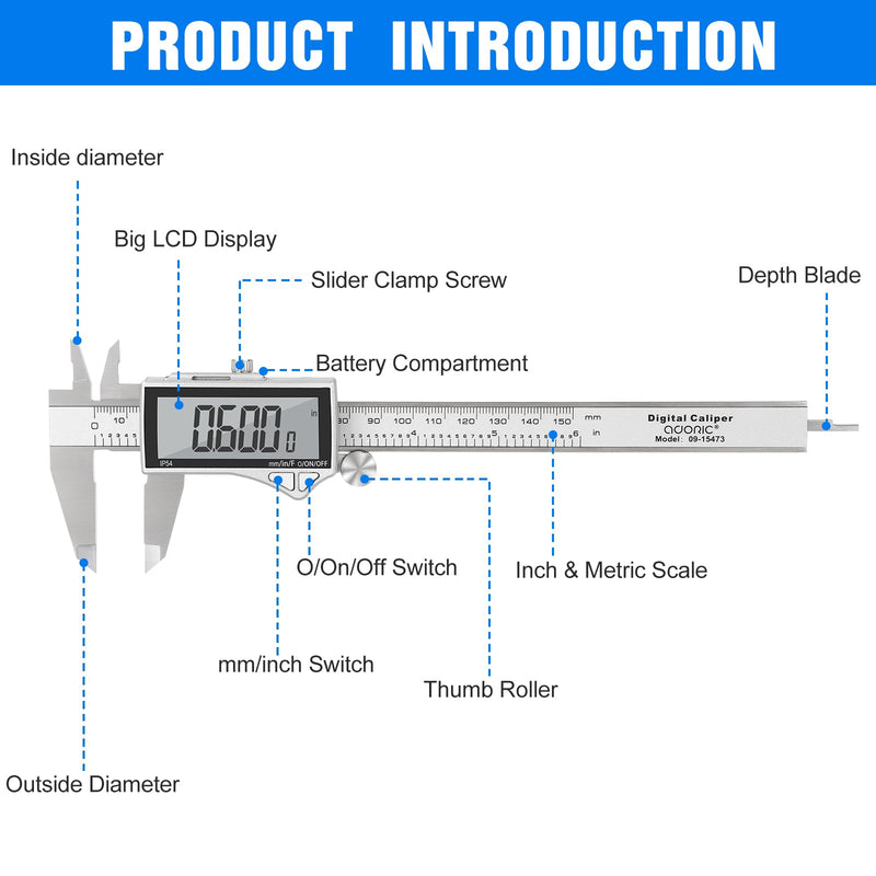 Adoric Digital Caliper, Caliper Measuring Tool Stainless Steel Vernier Caliper Digital Micrometer with Large LCD Screen, Easy Switch from Inch Metric Fraction, 0-6" Caliper Tool for DIY/Household 6" SS-Large LCD