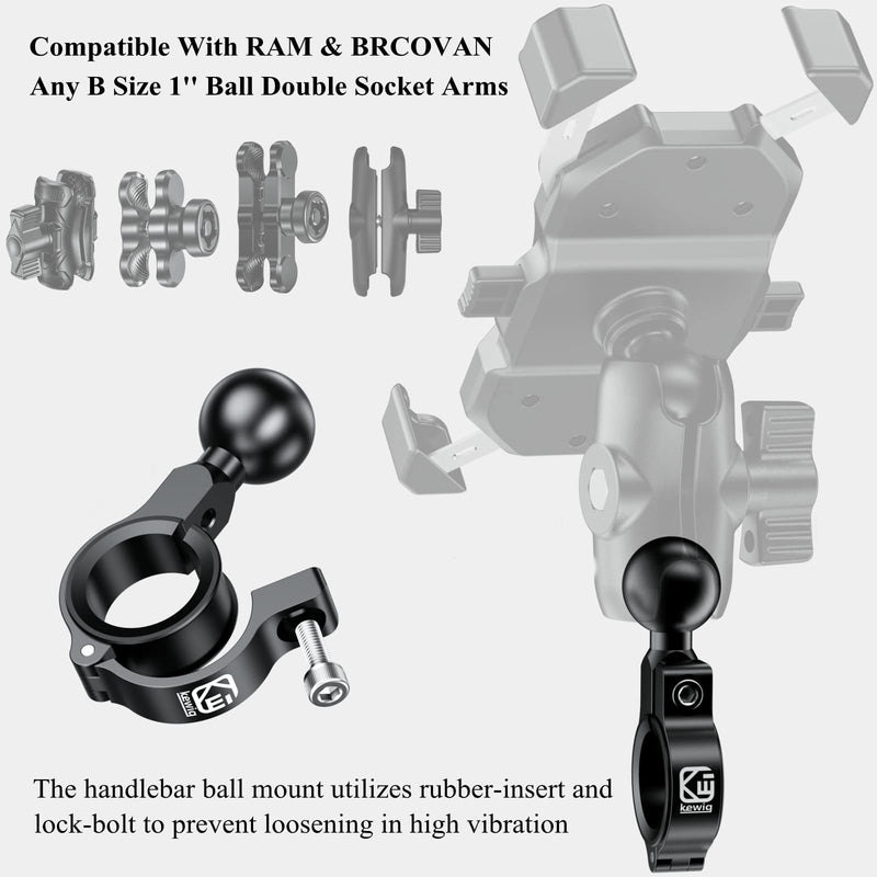 BRCOVAN Aluminum Alloy Handlebar Mount Base with 1'' TPU Ball for Round Rail Diameter 0.5'' 0.87'' 1'' 1.125'' 1.26'', Compatible with RAM Mounts B Size 1 Inch Ball Double Socket Arm R3-Set of 1